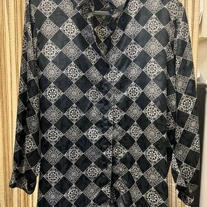 Vintage 1980s Black and Silver Diamond Print Button-Up Shirt Plus Size